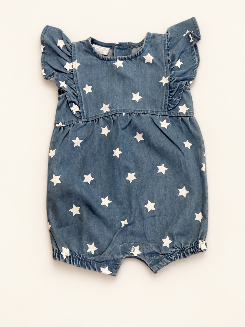 Baby Star Print Denim Romper in Blue by Mudpie